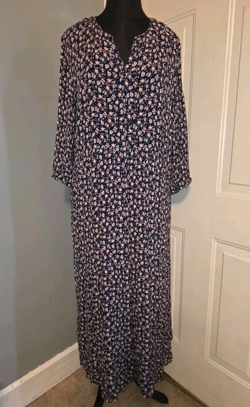 J Jill Blue Pink Floral Maxi Dress V-Neck Ruffle Hem XL Rayon Boho Cottagecore